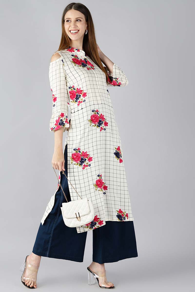 Ahika Women Off White And Black Checked Straight Kurta With Floral Print
