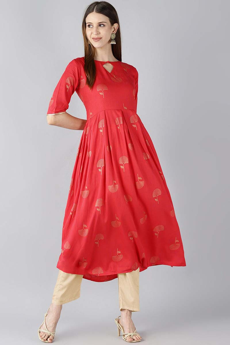 AHIKA Women Red Floral Printed Keyhole Neck Kurta 