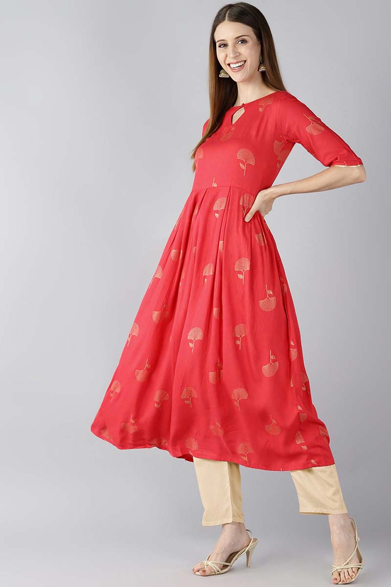 AHIKA Women Red Floral Printed Keyhole Neck Kurta 