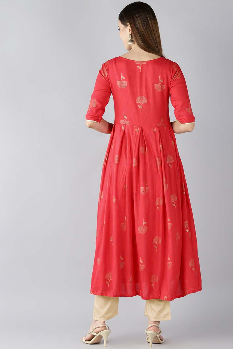 AHIKA Women Red Floral Printed Keyhole Neck Kurta
