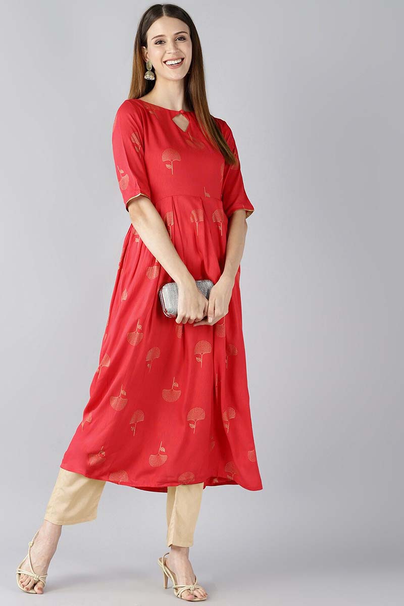 AHIKA Women Red Floral Printed Keyhole Neck Kurta