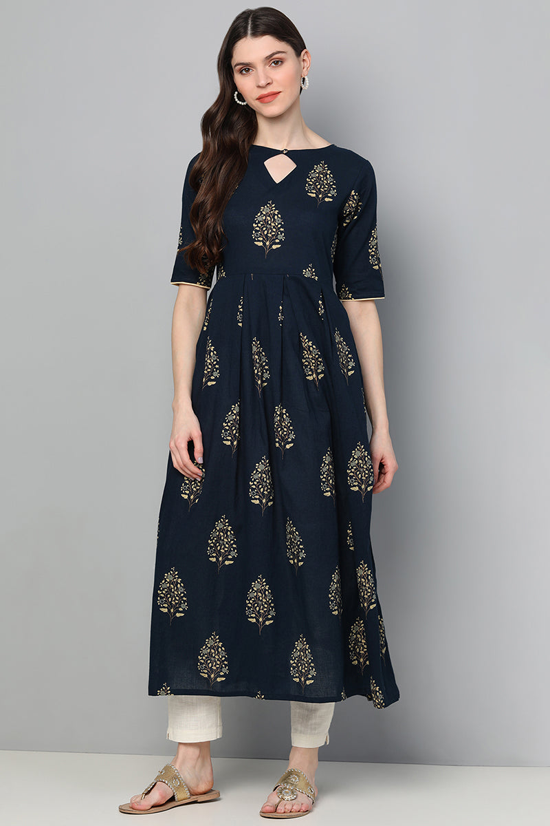 AHIKA Women Navy Blue Floral Printed Keyhole Neck Kurta