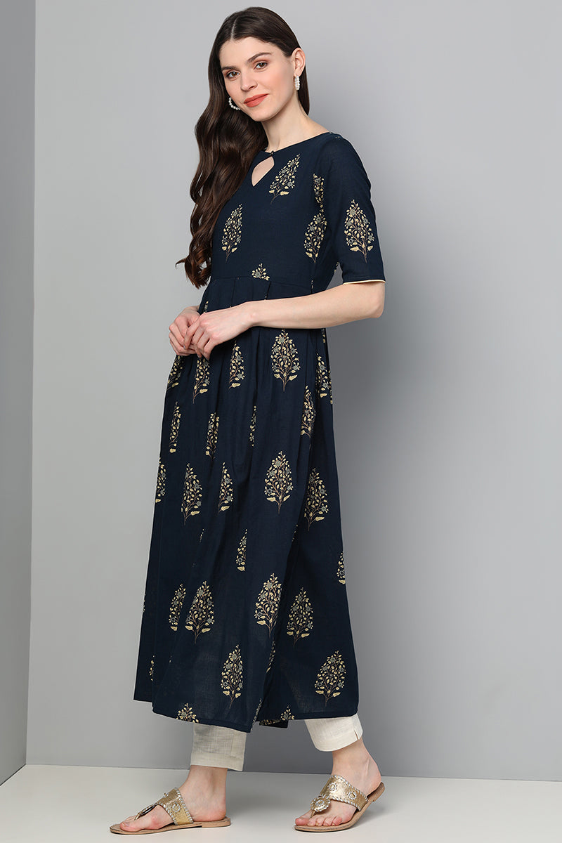 AHIKA Women Navy Blue Floral Printed Keyhole Neck Kurta