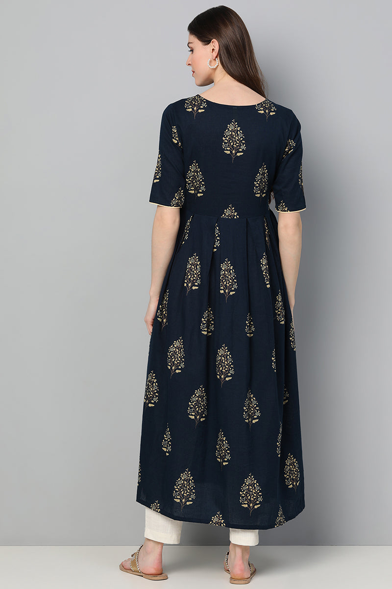 AHIKA Women Navy Blue Floral Printed Keyhole Neck Kurta