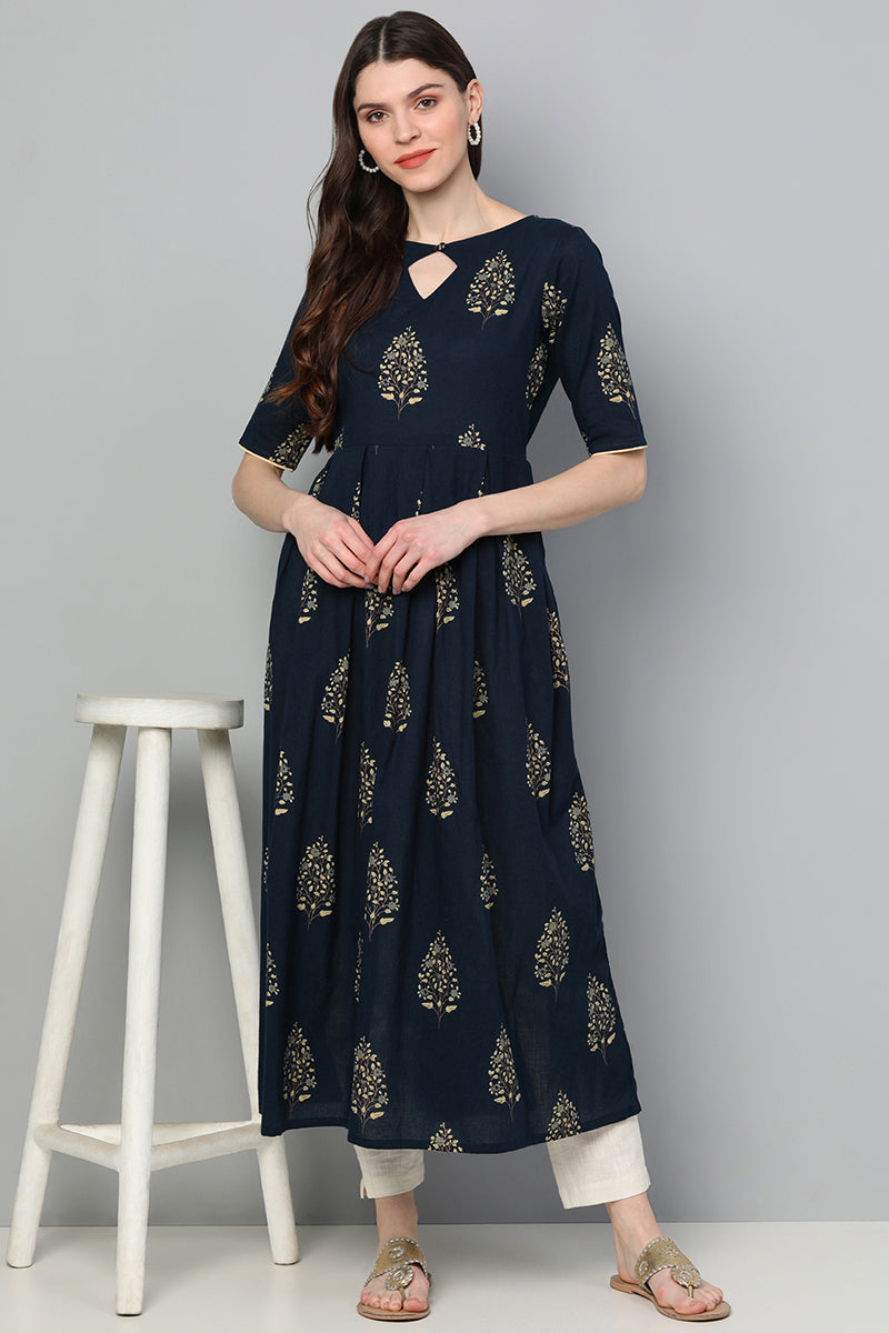 AHIKA Women Navy Blue Floral Printed Keyhole Neck Kurta