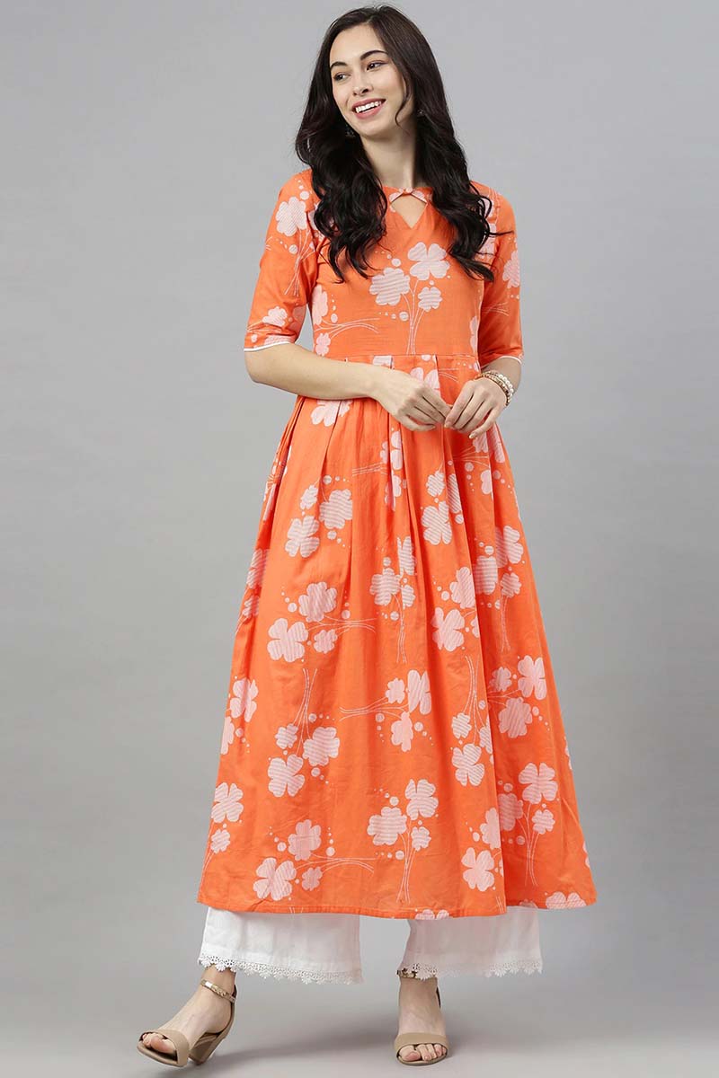 AHIKA Women Orange Floral Printed Keyhole Neck Kurta