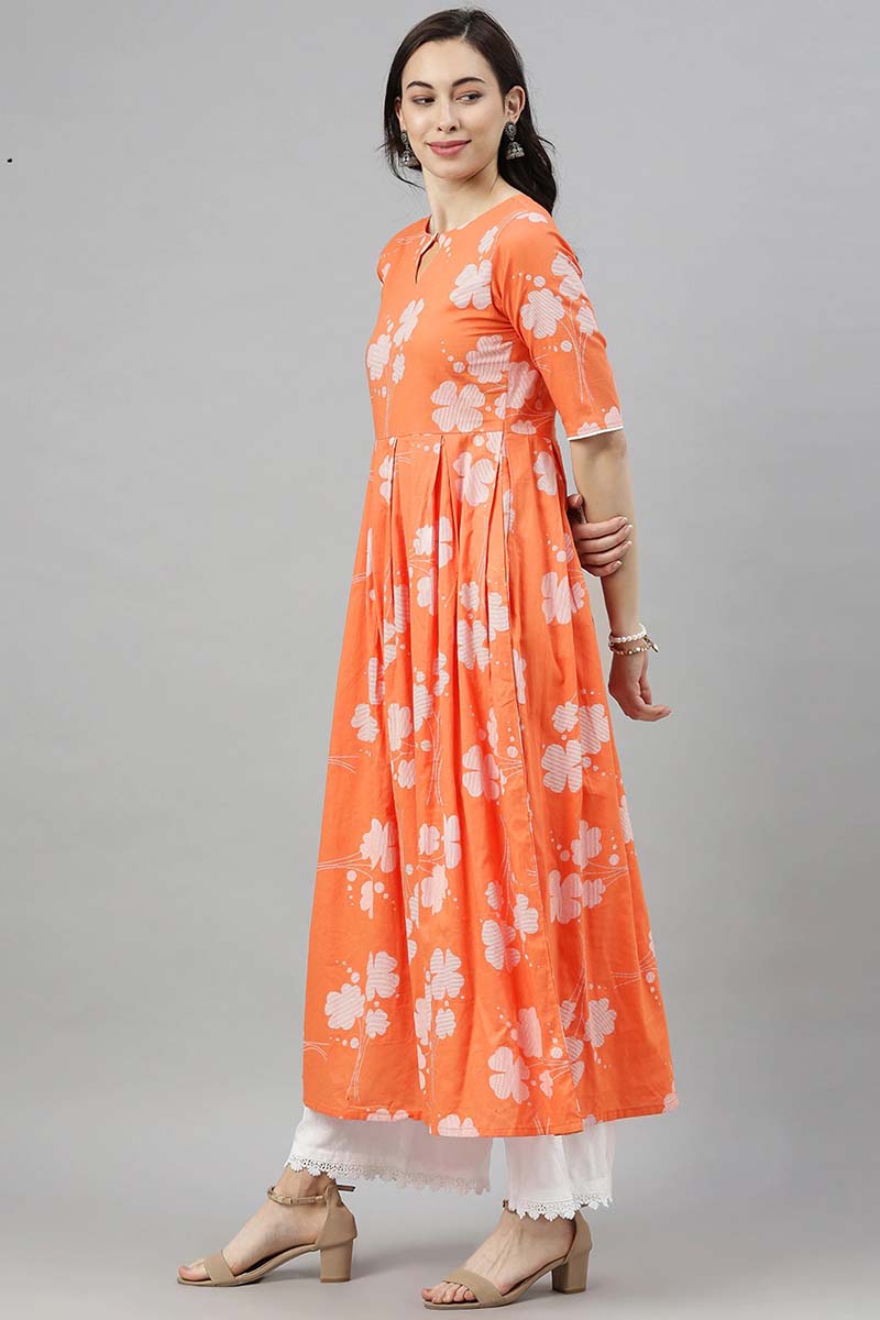 AHIKA Women Orange Floral Printed Keyhole Neck Kurta