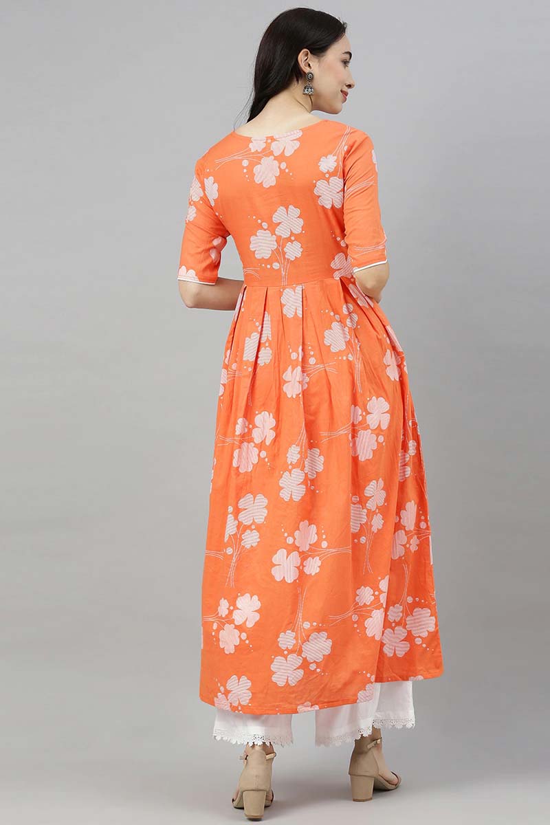 AHIKA Women Orange Floral Printed Keyhole Neck Kurta