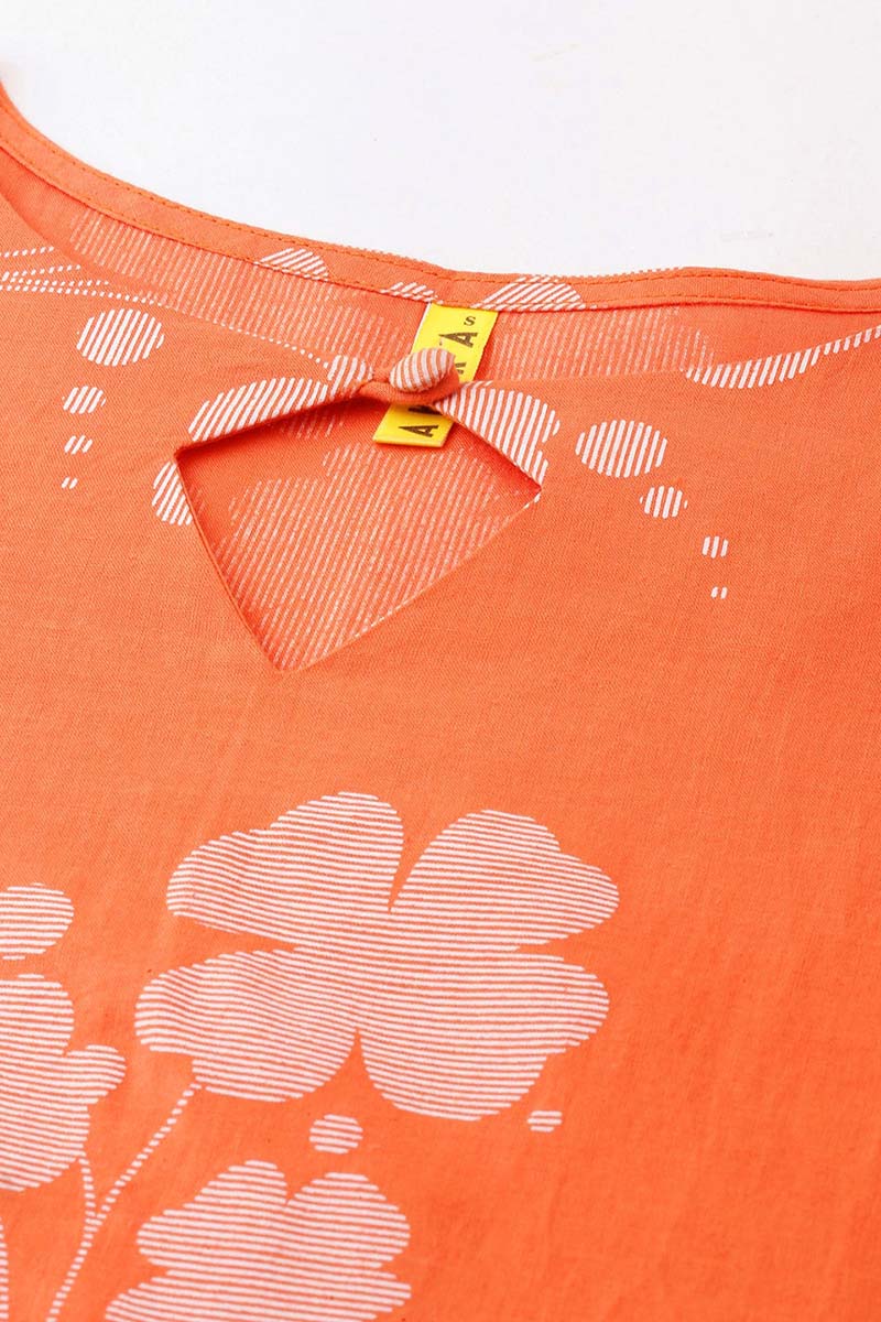 AHIKA Women Orange Floral Printed Keyhole Neck Kurta