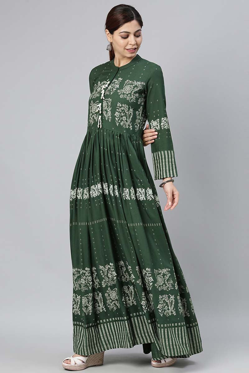 AHIKA Women Olive Green Floral Printed Kurta