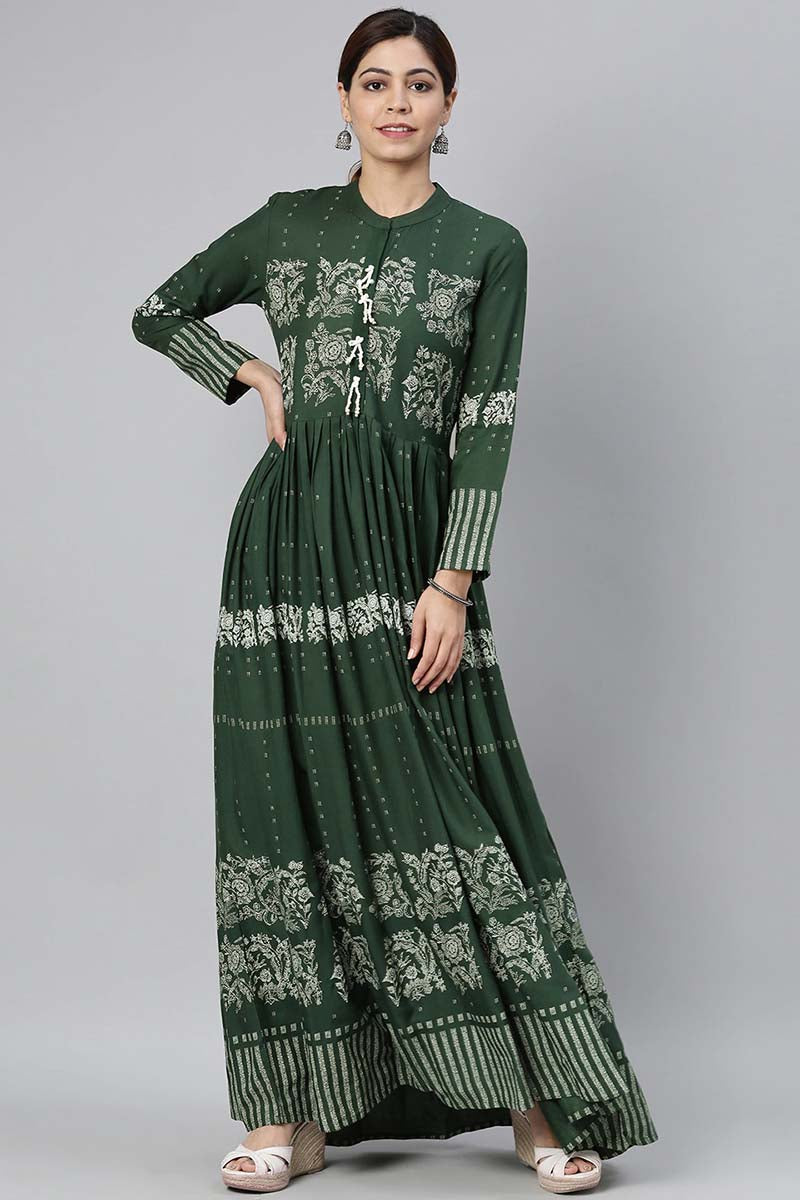 AHIKA Women Olive Green Floral Printed Kurta