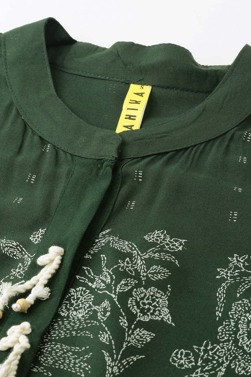AHIKA Women Olive Green Floral Printed Kurta
