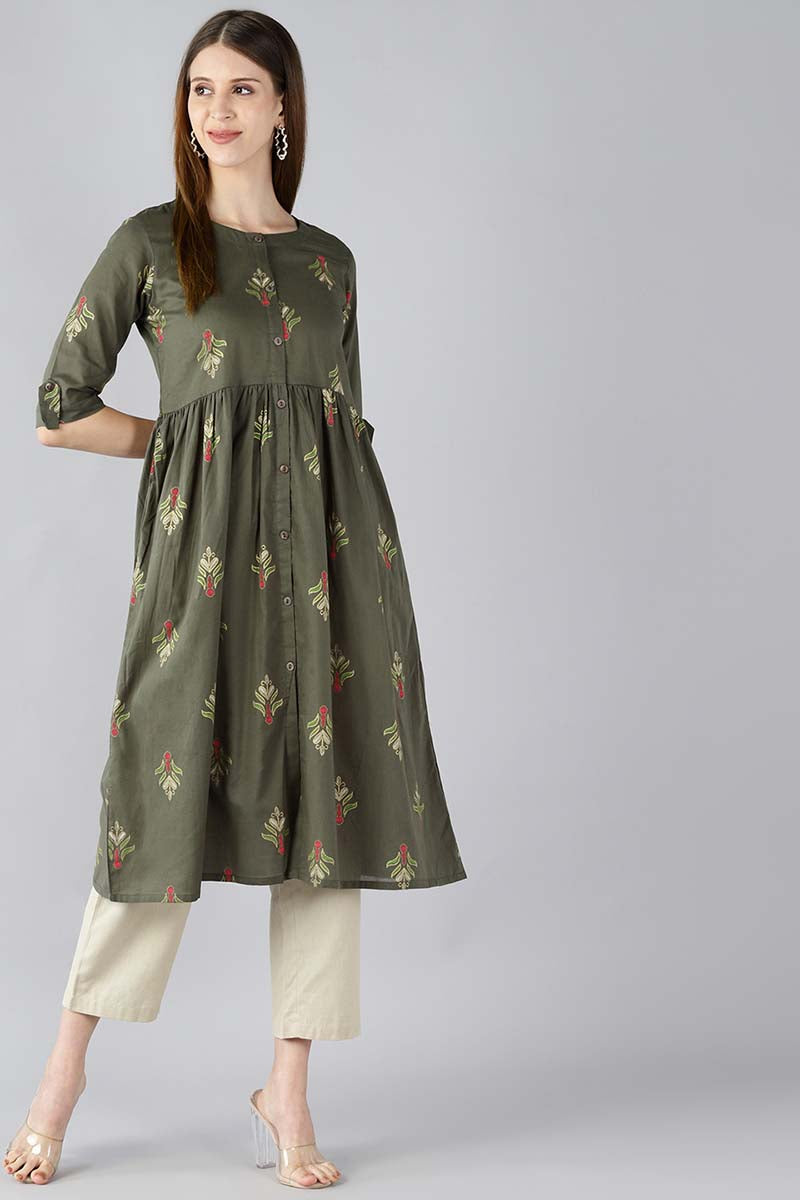 Ahika Women Cotton Green Ethnic Motifs Printed A Line Kurti