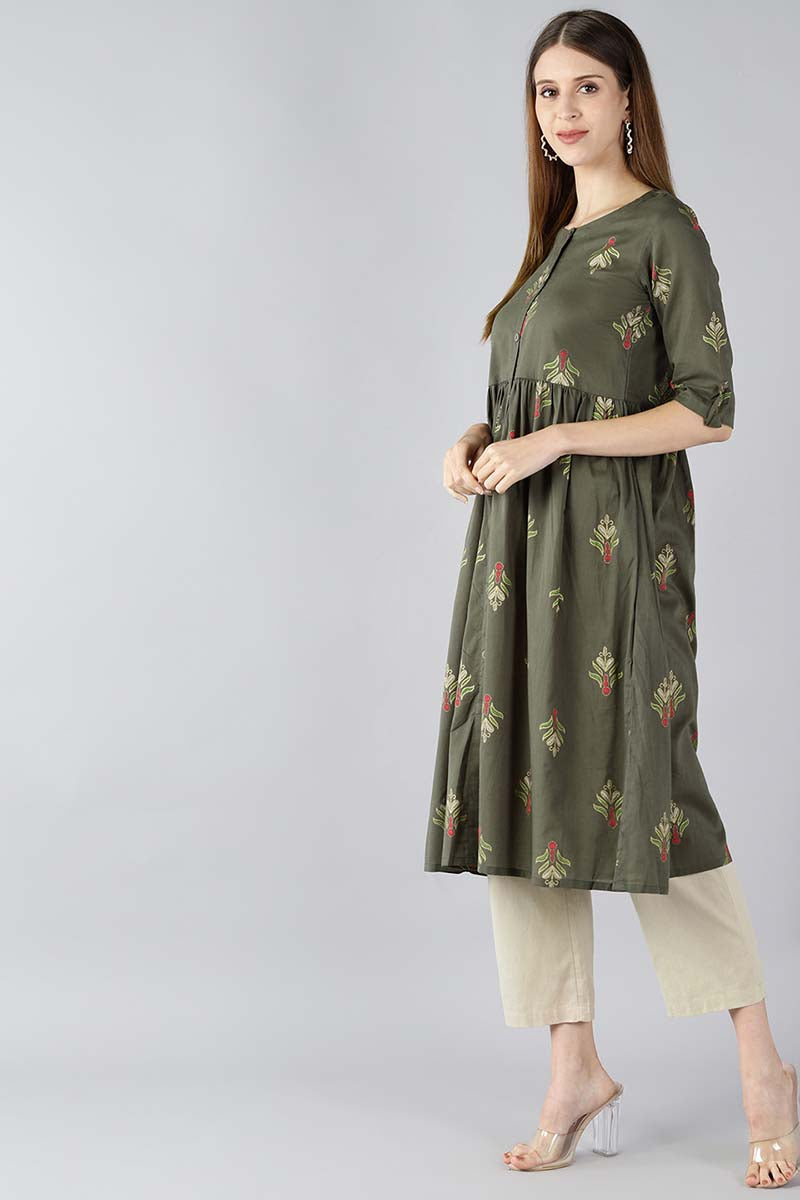 Ahika Women Cotton Green Ethnic Motifs Printed A Line Kurti