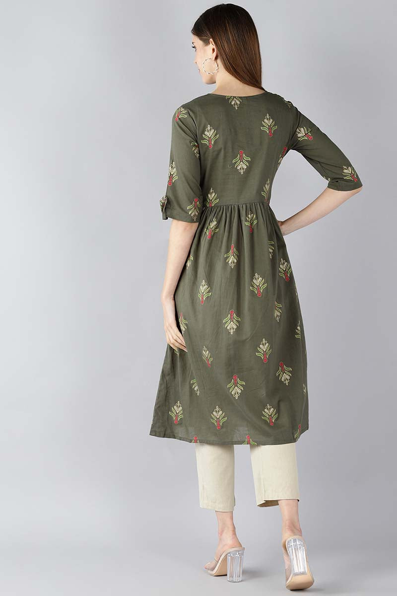 Ahika Women Cotton Green Ethnic Motifs Printed A Line Kurti
