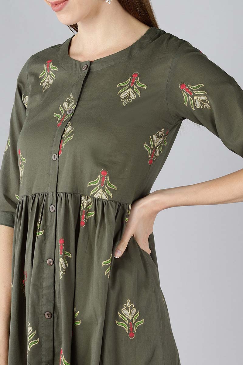 Ahika Women Cotton Green Ethnic Motifs Printed A Line Kurti