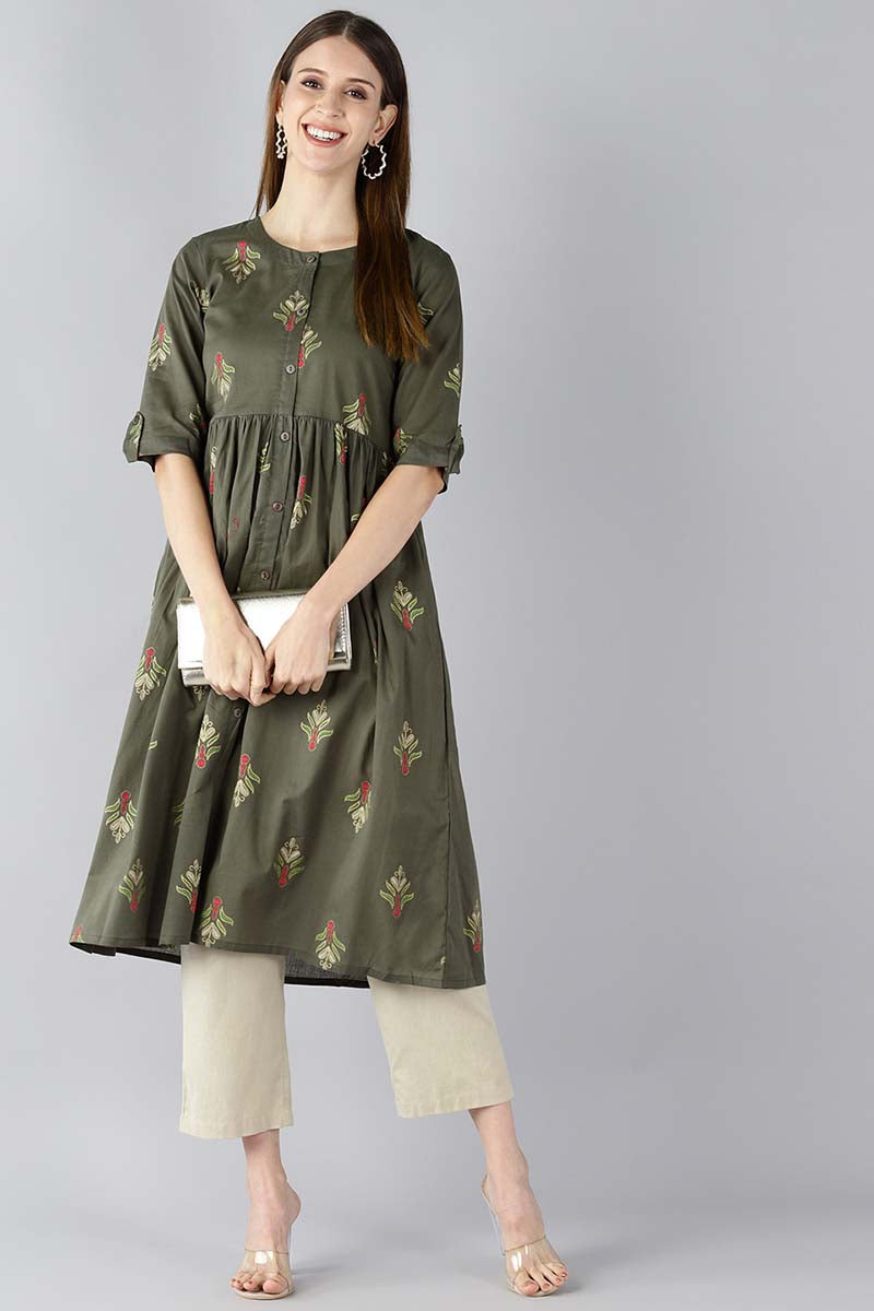 Ahika Women Cotton Green Ethnic Motifs Printed A Line Kurti
