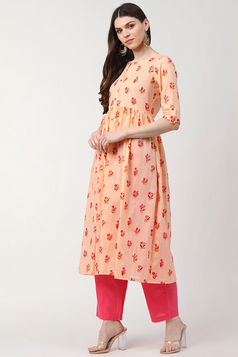 Peach Cotton Ethnic Motifs Printed A Line Kurti VCK8388
