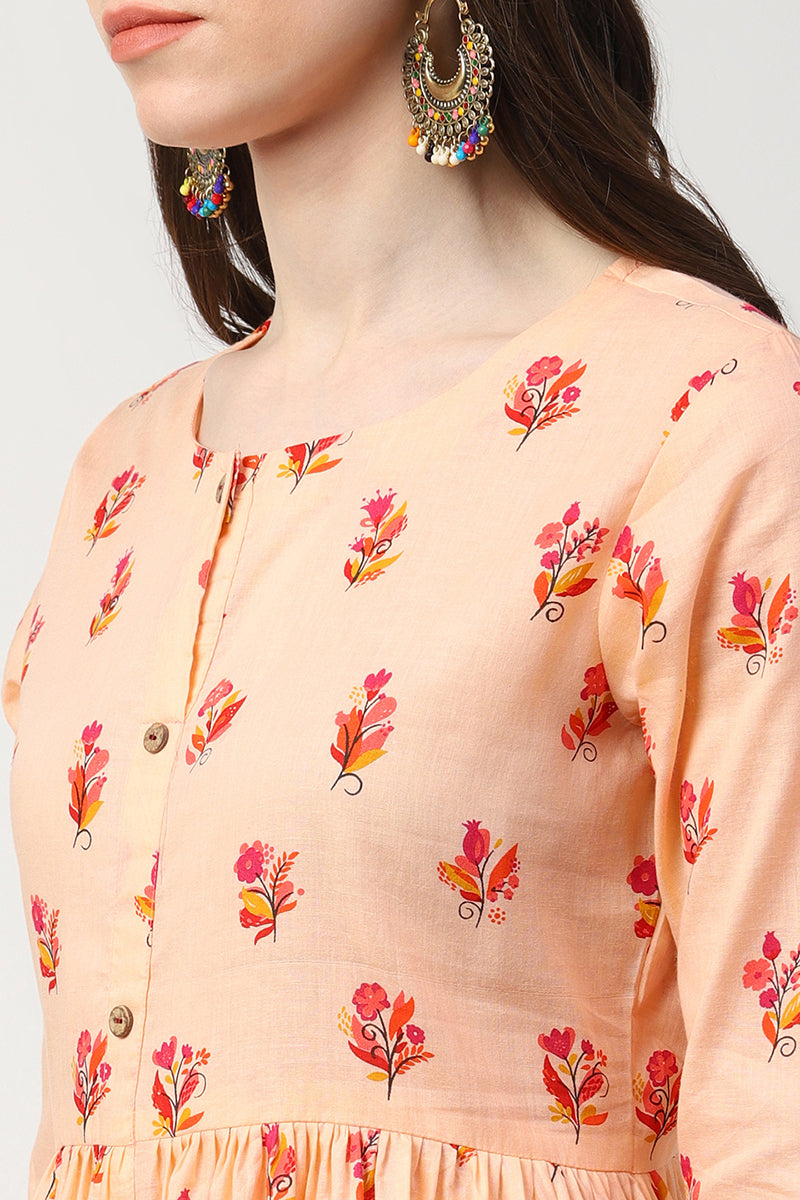 Peach Cotton Ethnic Motifs Printed A Line Kurti VCK8388
