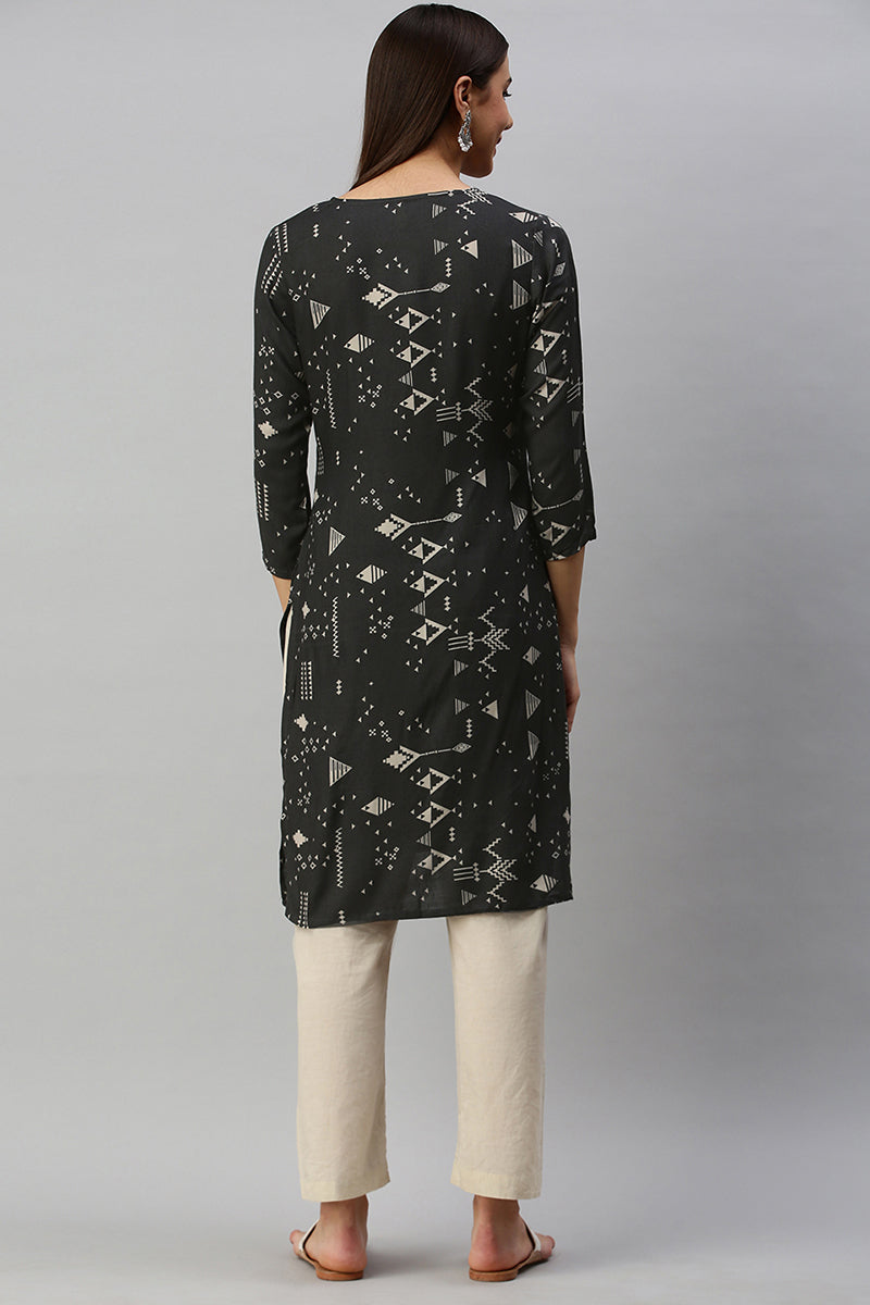 Ahika Women Cotton Black Geometric Printed Straight Kurti