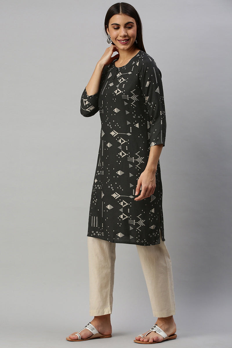 Ahika Women Cotton Black Geometric Printed Straight Kurti