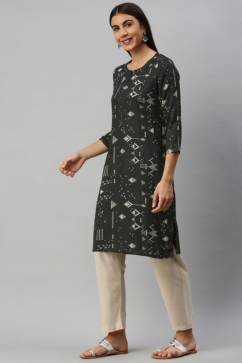 Ahika Women Cotton Black Geometric Printed Straight Kurti