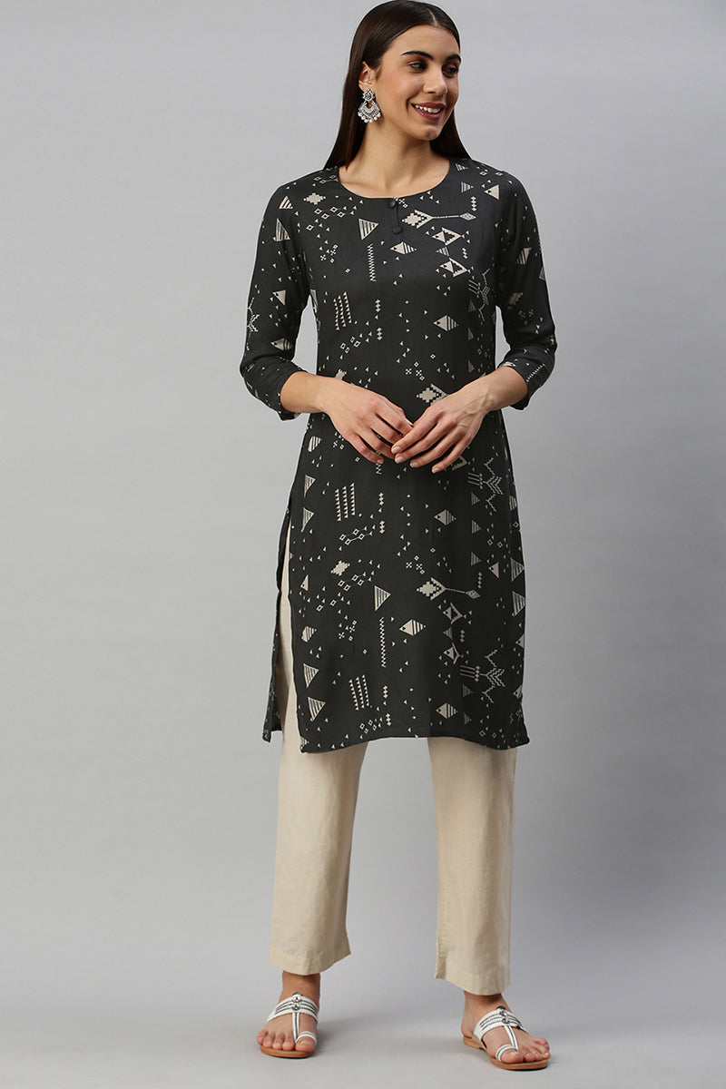 Ahika Women Cotton Black Geometric Printed Straight Kurti