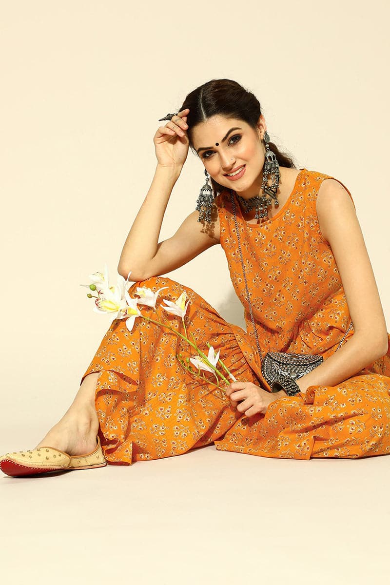 Ahika Creamy Mustard and Beige Pure Cotton Co-Ord Set