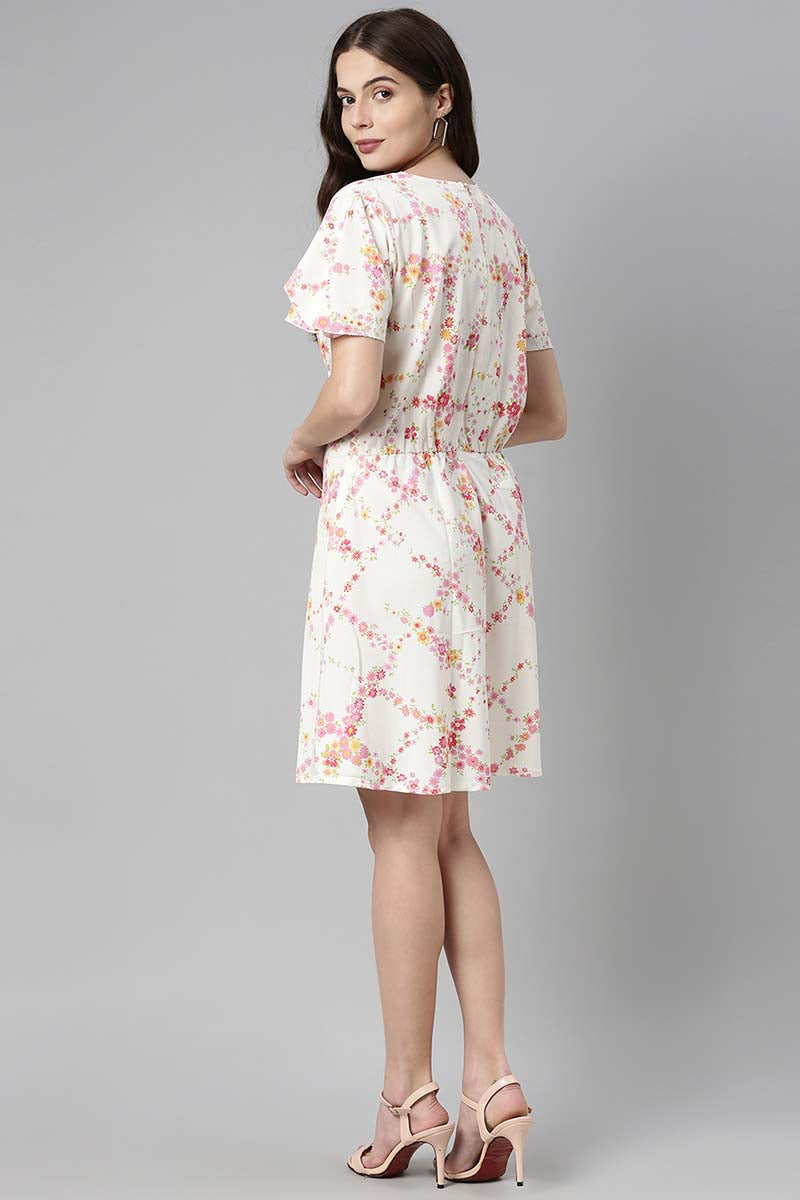 Ahika Women Polycrepe White Floral Crepe Dress