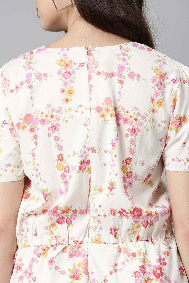 Ahika Women Polycrepe White Floral Crepe Dress