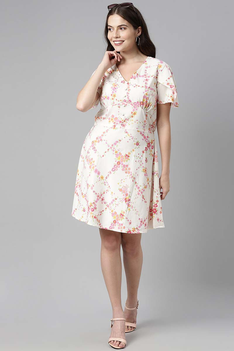 Ahika Women Polycrepe White Floral Crepe Dress