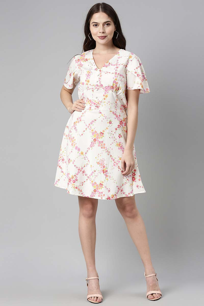 Ahika Women Polycrepe White Floral Crepe Dress