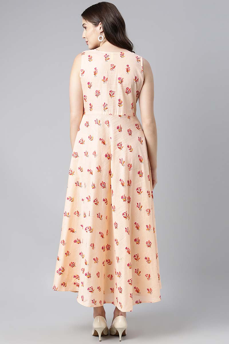 Ahika Women Pure Cotton Peach Floral Printed Maxi Dress