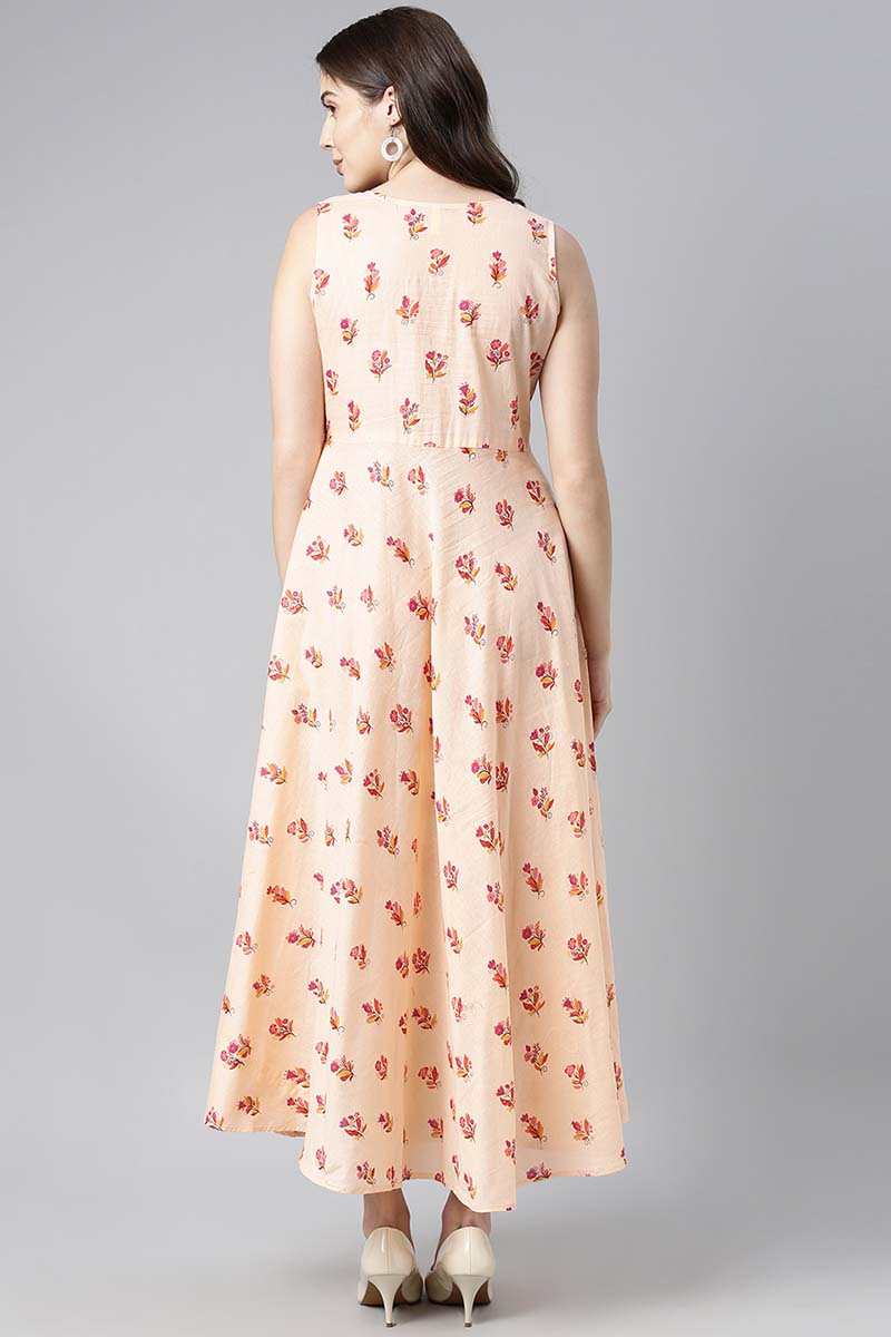 Peach Pure Cotton Floral Printed Maxi Dress VD1023