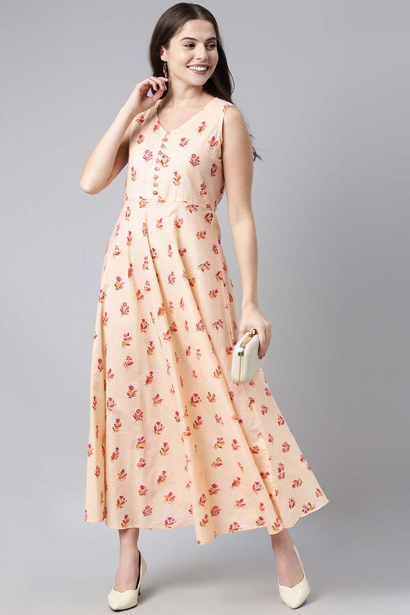 Ahika Women Pure Cotton Peach Floral Printed Maxi Dress