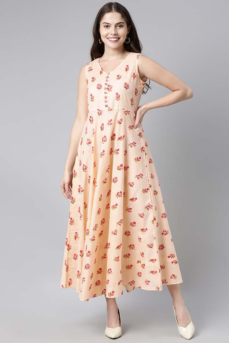 Peach Pure Cotton Floral Printed Maxi Dress VD1023