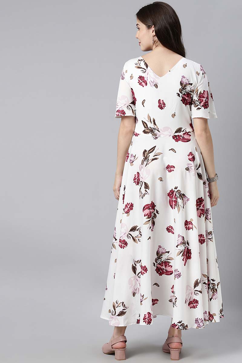 Ahika Women Polycrepe White & Pink Floral Printed Flared Sleeve Maxi Dress with Gathers