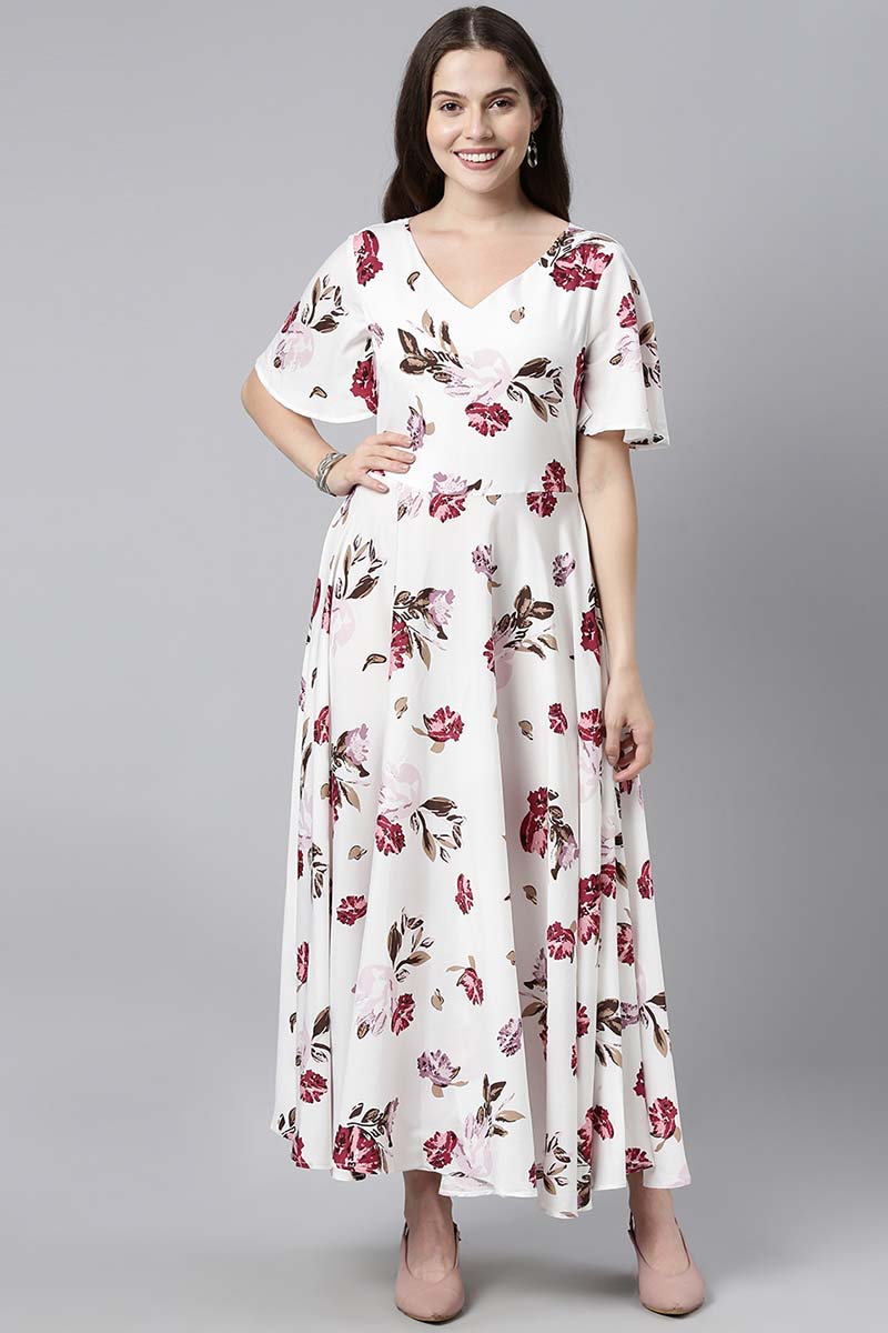 Ahika Women Polycrepe White & Pink Floral Printed Flared Sleeve Maxi Dress with Gathers