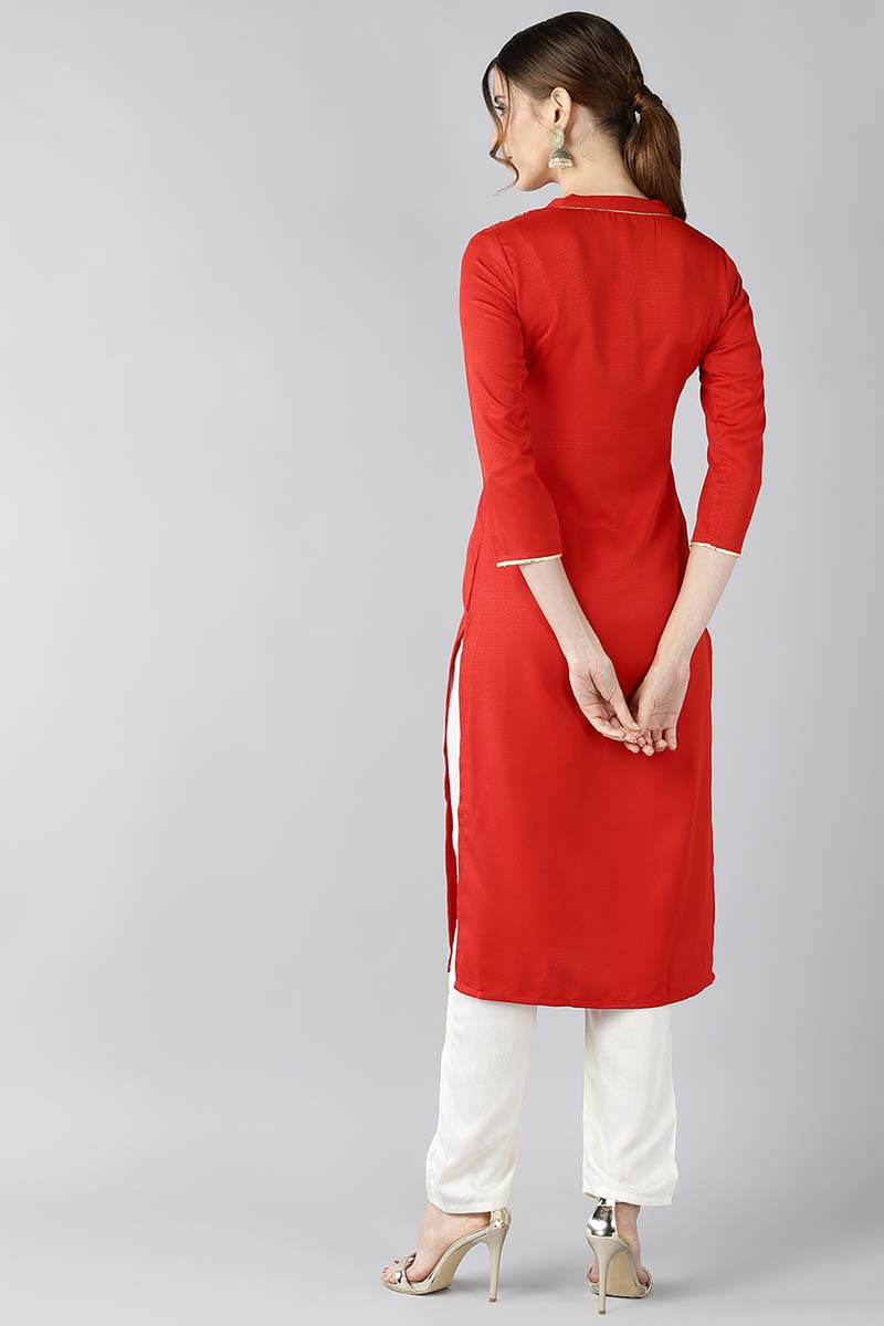 Ahika Women Red Solid Straight Kurta with Embroidered Detail 