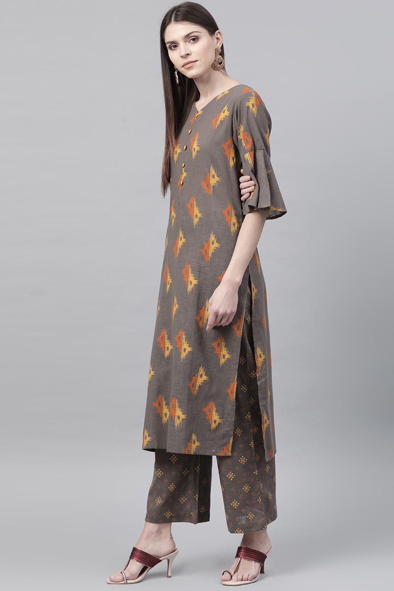 Taupe Cotton Abstract Print Kurta Set VKSET1003