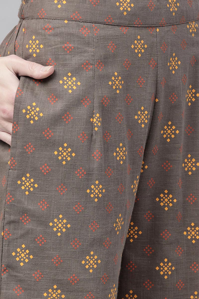 Taupe Cotton Abstract Print Kurta Set VKSET1003