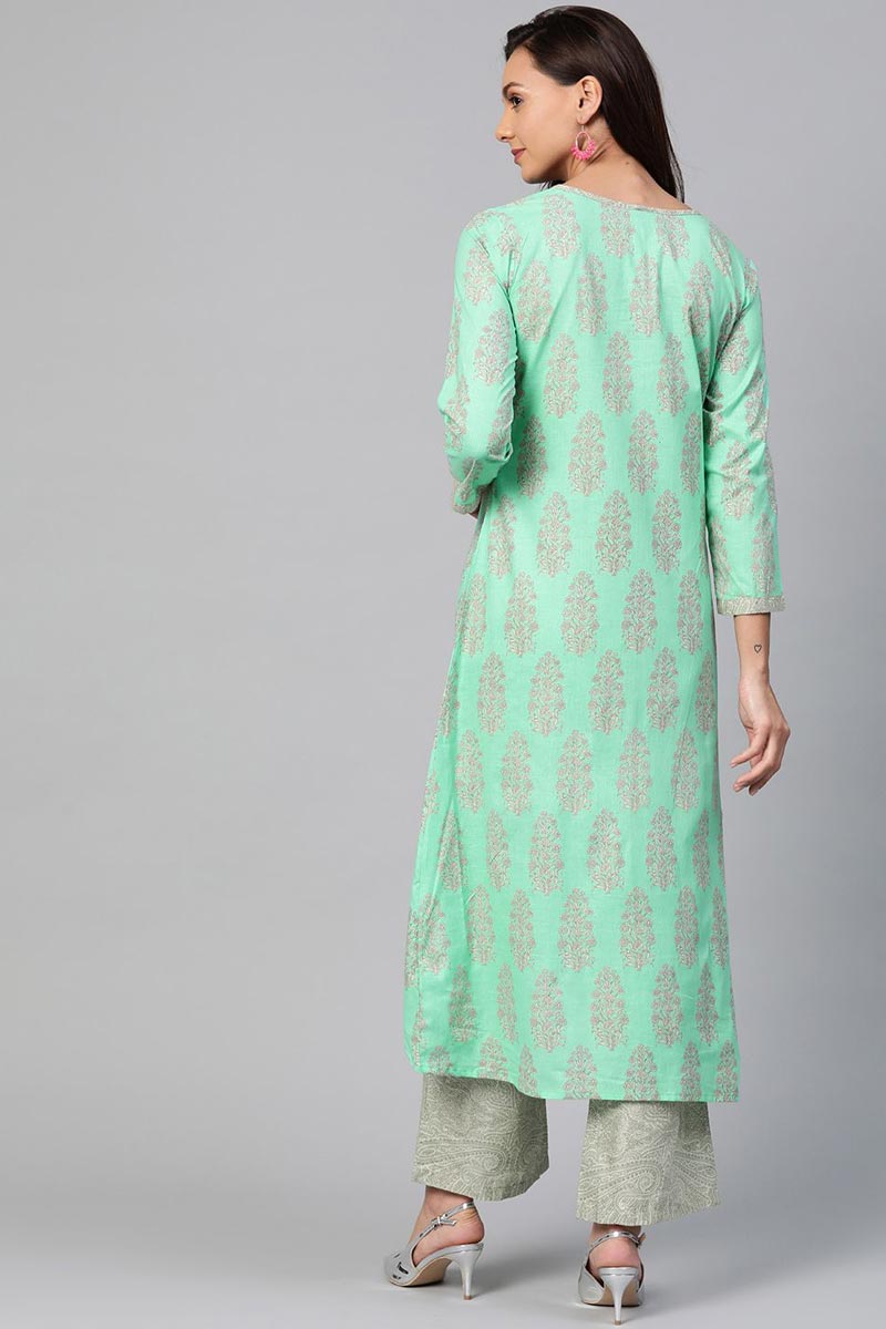 Sea Green Pure Cotton Ethnic Motifs Kurta Set VKSET1043