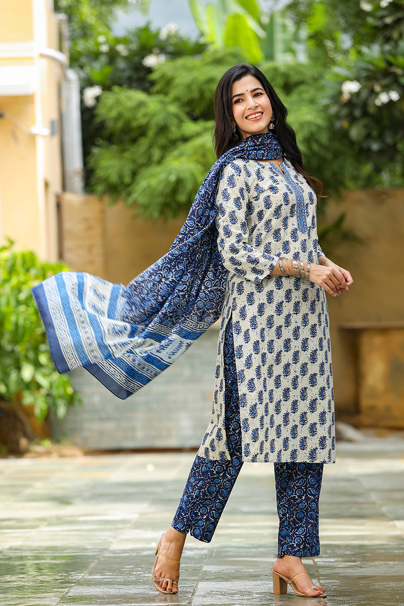 Blue Rayon Blend Straight Suit Set VKSKD1026