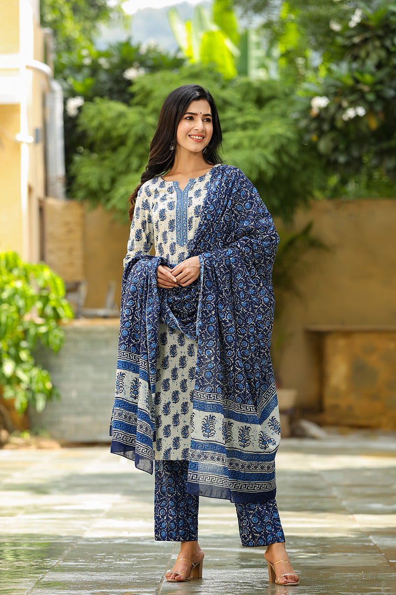 Blue Rayon Blend Straight Suit Set VKSKD1026