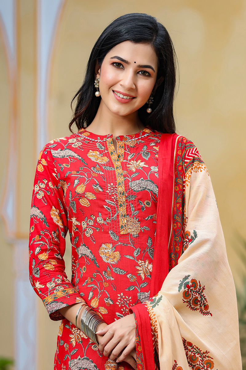 Red Color Cotton Fabric Printed Fancy Kurta And Palazzo Dupatta Set VKSKD1037