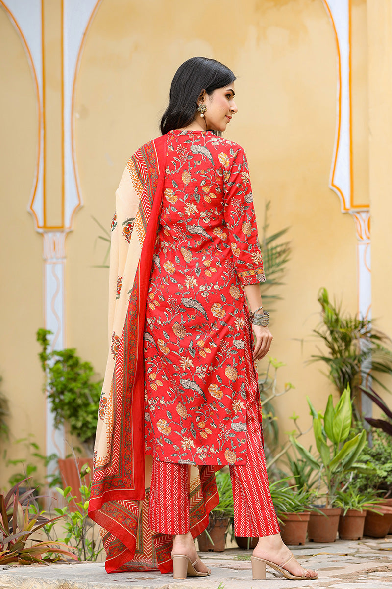 Red Color Cotton Fabric Printed Fancy Kurta And Palazzo Dupatta Set VKSKD1037