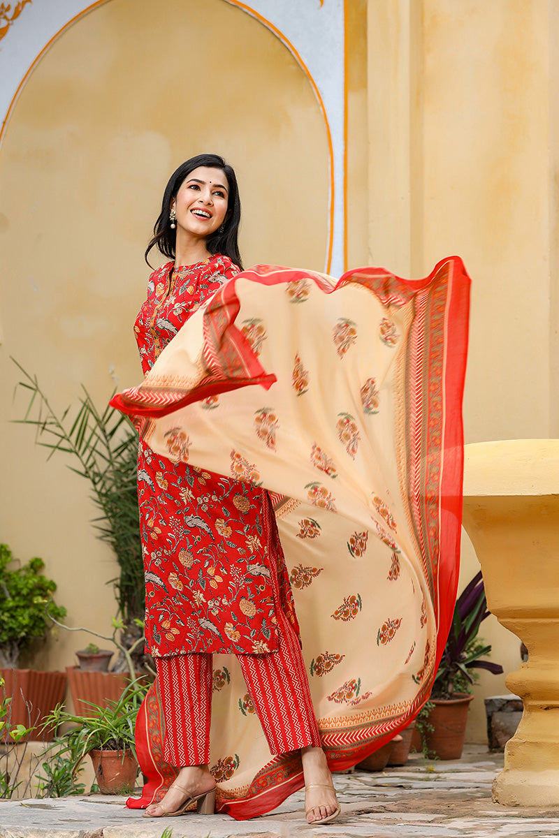 Red Color Cotton Fabric Printed Fancy Kurta And Palazzo Dupatta Set VKSKD1037