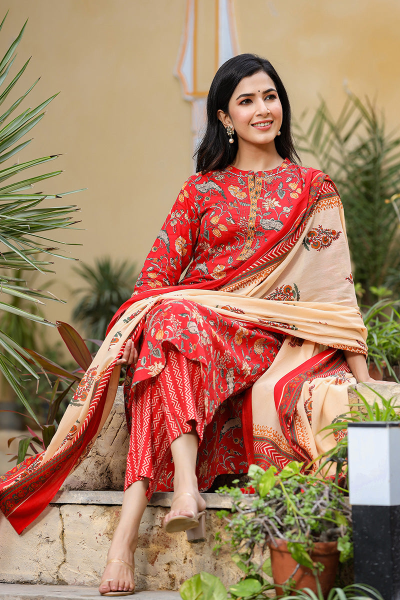 Red Color Cotton Fabric Printed Fancy Kurta And Palazzo Dupatta Set VKSKD1037
