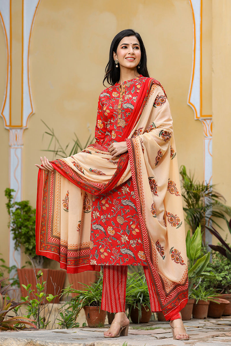 Red Color Cotton Fabric Printed Fancy Kurta And Palazzo Dupatta Set VKSKD1037