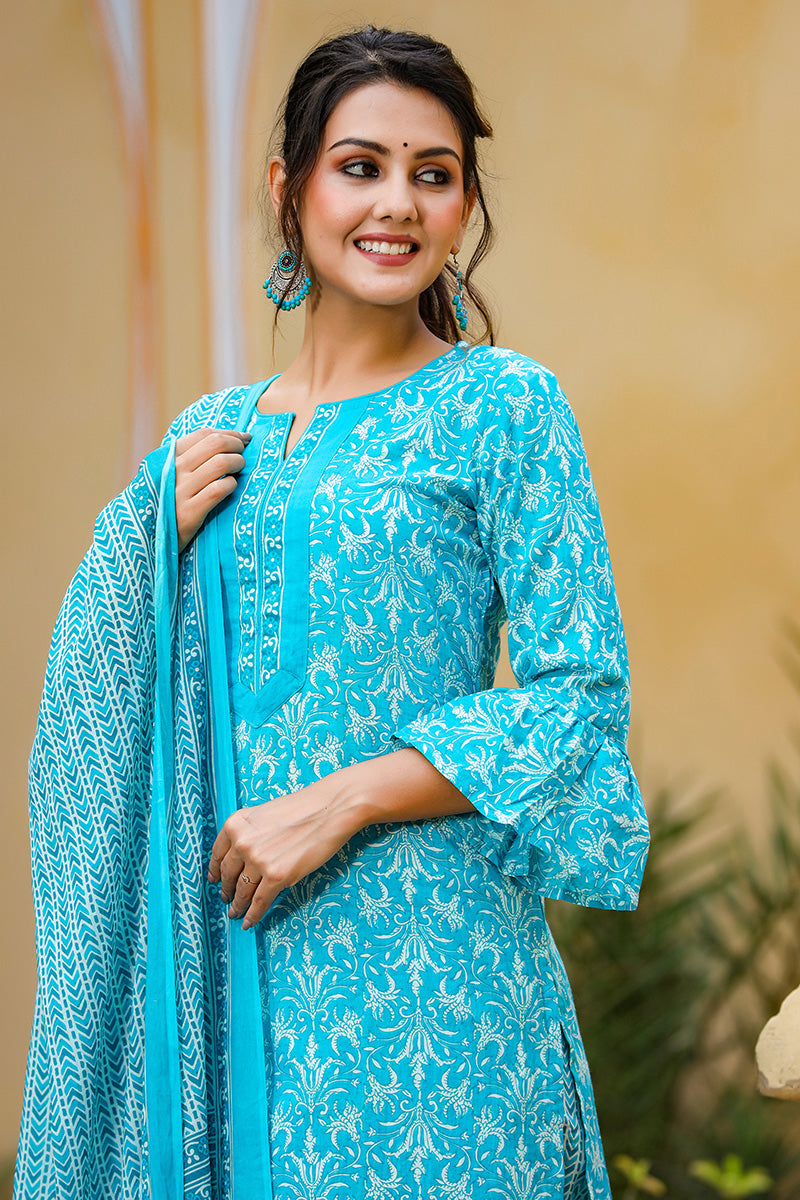 Blue Cotton Straight Suit Set VKSKD1087